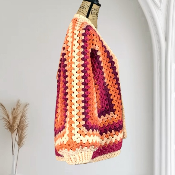 Handcrafted Crochet Granny Stitch Sweater Cardigan New Open Front Wide Sleeve - Picture 5 of 10